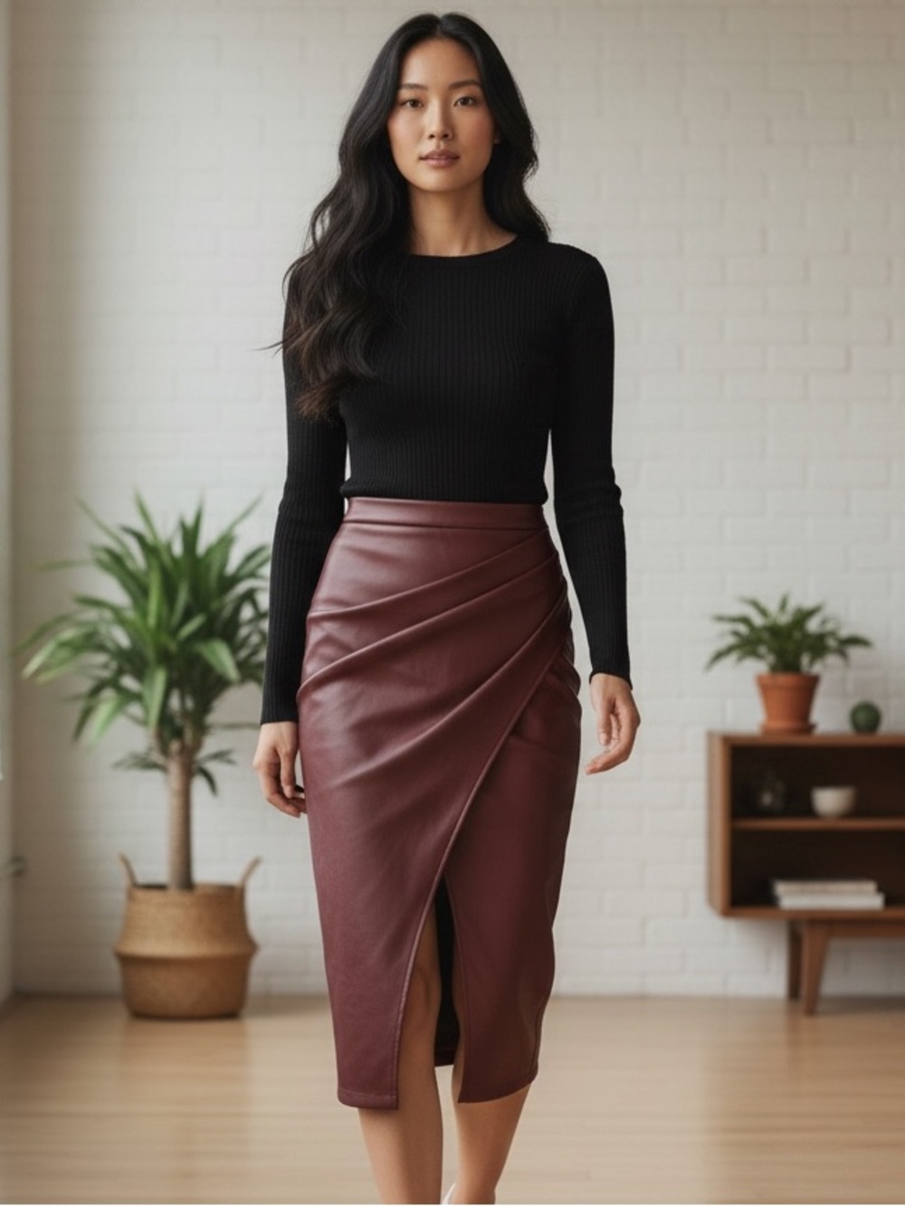 Commense Pleated/Ruched Slit PU Leather Midi Skirt Burgundy Size-L NWT